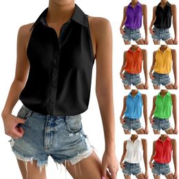 Women's Blouses Summer Shirts For Women Solid Color Lapel Single Breasted Sleeveless Tank Tops Loose Fit Casual Basic T-Shirts Blouse
