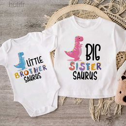 Family Matching Outfits Big Sister Little Brother Dinosaur Print Family Matching Clothes Boys Girls T-shirt Toddler Bodysuit KidsTee Short Sleeve Outfit d240507