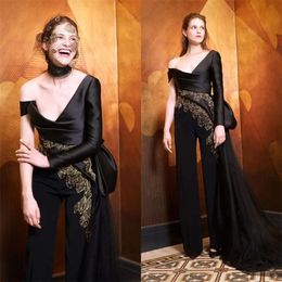 Prom Satin Black Jumpsuit Dresses Chic Newest Ruffles Evening Appliqued Lace Formal Party Pageant Dress Custom Made Ruched Tulle