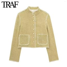 Women's Jackets Women Fashion Spring Single-breasted Pocket Textured Burrs Stand Collar Jacket Tweed Short Coats Chic Ladies Tops Mujer