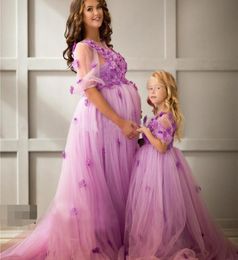 Pink Pregnant Evening Dresses Short Sleeves Handmade Flowers Sheer Neck Long Prom Gowns Custom Size Maternity Dresses For Women6001520