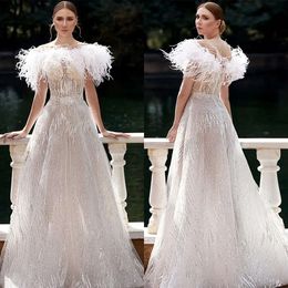 Batteau Feder kleidet sich von Hochzeit glamouröser A-Line-Schulter-Applikationen bodenlange maßgeschneiderte Zipper-Plus-Size-Brautkleid Vestidos de Novia