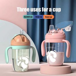 Cups Dishes Utensils 3-in-1 childrens water bottle baby cup anti suffocation childrens learning and drinking waterproof cup with nozzle V-Straw and slingL2405