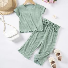 Clothing Sets Summer Kids Girls Solid Colour Round Neck Short Sleeve Top Trousers Casual Suit.