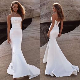 드레스 Milla Nova Strapless Mermaid Satin Wedding Dress Sweep Train Lace Up Back Wedding Bridal Gowns