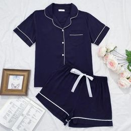Summer Womens Pyjamas Sets Short Sleeve Notched Collar Top Tee Button Down Elastic Waist Shorts Home Suit Loungewear Sleepwear 240428