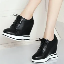 Casual Shoes Fashion Sneakers Women Lace Up Cow Leather Wedge High Heel Vulcanised Female Round Toe Platform Oxfords