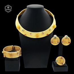 SYHOL 24K Original Women Luxury Jewelry Set Colorful Rhinestone Gold Plated Necklace Classic Choker Style Wedding Banquet 240425