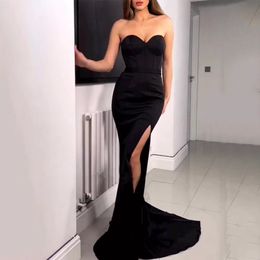 Strapless Mermaid Evening Dress Long Elegant Satin Formal Party Prom Gown with Slit