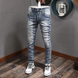 Fashion Designer Men Jeans Retro Light Blue Stretch Slim Fit Printed Ripped Jeans Men Hole Trousers Vintage Casual Pants Hombre 240506