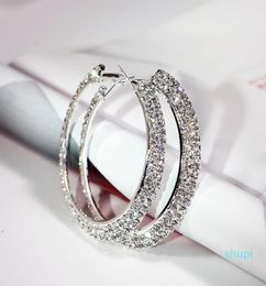 Women039s Large Big Dangle Earrings Shiny Double Row Diamonds Silver Colour Circle Hoop Earrings Bridal Jewellery1139926