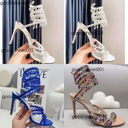 Sandals Stiletto Rene Caovilla Designer Crystal Lamp Pendant Rhinestone Twining Foot Ring High Heeled Womens Shoes Narrow Band 10Cm Heel Sandal Orinial edition