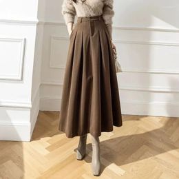 Skirts Elegant Women Woollen For Female Pockets Office Ladies Casual Loose A-Line High Waist Midi Skirt 2024 Autumn Winter