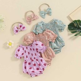 Rompers Lovely Summer Newborn Baby Girls Clothes Floral Print Short Sleeve Ruffles Pleated Jumpsuits Headband Casual Outfits H240507