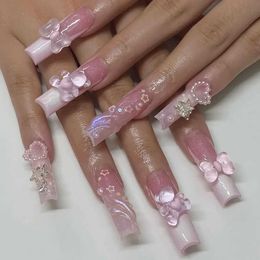 False Nails 24Pcs Long Ballet False Nails French Butterfly with Rhinestones Wearable Fake Nails Br Full Cover Press on Nails Tips Art T240507