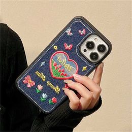 Cell Phone Cases Ins Korean Cute Flower Denim Embroidered Phone Case For phone 15 14 13 12 11 Pro Max Love Heart Stars Y2k Shockproof Soft Cover