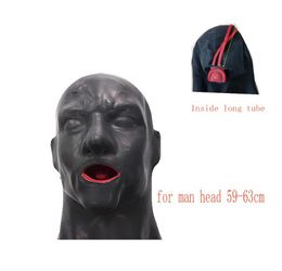 3D Latex Hood Rubber Mask Closed Eyes Fetish with Red Mouth Gag Plug Sheath Tongue Nose Tube Long and Short for Men 2207152598982