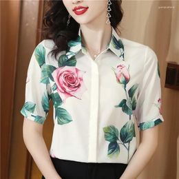 Women's Blouses Satin Vintage Shirt Summer Silk Prints Short Sleeve Loose Women Tops Polo-neck Fashion Clothing YCMYUNYAN