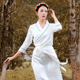 Ethnic Clothing Long Dress Solid Colour Skirt Spring And Autumn White Lhasa Women's Style Chinese Robe