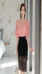 Summer Women Set Elegant 2 Piece Suits Fashion Ruffles Short Sleeve Chiffon Blouse Top And Black Lace Pencil Skirt Suit OL Sets Tw5640726