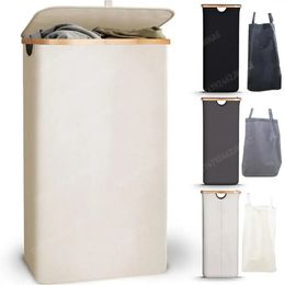 Foldbar tvättstuga med lock innerväska kläder förvaringskorg bambu hanterar smutsiga kläder arrangör badrumstillbehör 240506