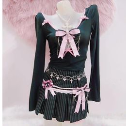 Women's T Shirts Y2k Tops Fashion Bustier Top Shirt Gothic Clothes Bow E Girl Harajuku Kawaii