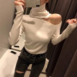 Knitted Sweater Off Shoulder Pullovers Sweater for Women Long Sleeve Turtleneck Female Jumper Black White Gray Sexy Clothing 295d