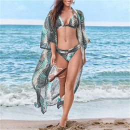 Women Beach Wear Women Chiffon Serpentine Printed Half Slve Shawl Loose Kimono Beach Cardigan Bikini Cover Up Wrap Beachwear Outdoor Blouse Y240504