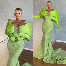 Off Elegant Evening Green Mermaid Shoulder Beads Sequins Formal Party Prom Dress Sweep Train Red Carpet Long Dresses For Special Ocn es