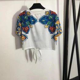 Women's Two Piece Pants Set Belted Short Midriff Sleeve T-shirt Vintage Floral Print Webbing High Waist Pleated Skirt White SML