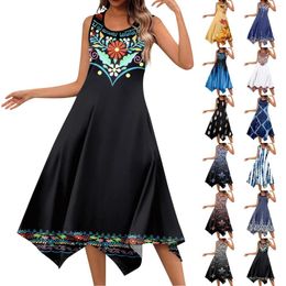 Casual Dresses Women's Fashion Round Neck Sleeveless Print Irregular Hem Midi Dress Elegant And Pretty Summer