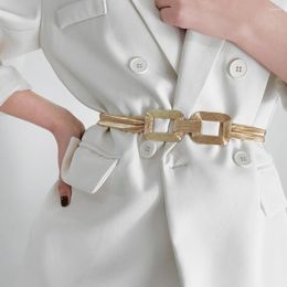 Belts Gold Elastic Belt For Women Square Ladies Waist Dresses Stretch Skinny Metal Female Elastische Riem