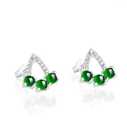 Stud Earrings 925 Silver Natural Green Jadeite Beads Triangle Gem Lucky Earring Certificate Luxury Jade Woman's Bridal Ear Jewelry