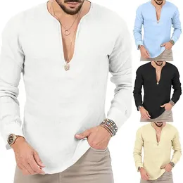Men's Casual Shirts Simple Pullover Solid Color Deep V-Neck Shirt Spring And Summer Long Sleeved T-Shirt Beach Clothes