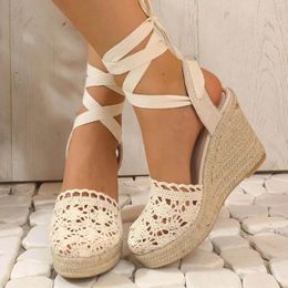 Sandals Ladies Large Size Slope Shoes Knitted Crochet Hollow Baotou Fish Mouth Wedge Heel Cross Strap Tie Straw Bottom Slippers