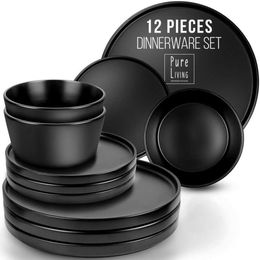 Stylish and Durable 24 Piece Mediterranean Stoneware Dinnerware Set - Microwave Safe Plates and Bowls for 8 - Ceramic Dish Set in Beige