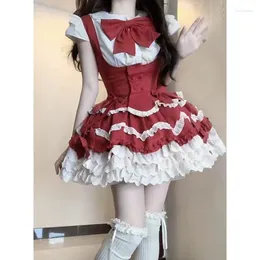 Work Dresses Lolita Cute Girl Sweet Bow Shirt High Waist Ruffle Edge Overalls Dress Fluffy Cake Skirt Set Summer Two Piece Women Outfits