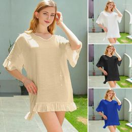 Women's Blouses Women Solid Color Loose Fit Top Stylish V-neck Ruffle Trim Tops Backless Lace-up Bikini Cover-up Sun For