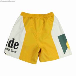 Original 1:1 High Quality Designer Shorts for Rhuder American Shorts Sunset Letter Print Color Blocker Summer Sports Beach Pants Yellow Capris Pants