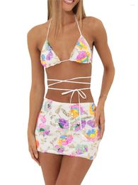 Women's Swimwear Sparkle And Shine Glitter Sequin 2 Piece Set With Halter Strap Bikini Bra Bodycon Mini Skirt - Perfect For Cocktail