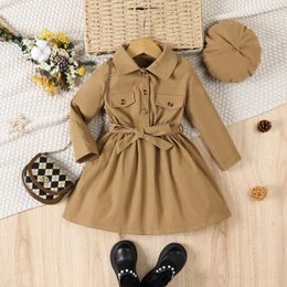 Girl Dresses Spring And Autumn Girls Fashion Leisure College Style Khaki Long Sleeved Lapel Waist Up Dress With Hat