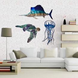 Sculptures Metal Wall Decoration Accessories Jellyfish Sailfish Turtle Crafts Wall Hanging Art Indoor Beach Fish Sea for Bedroom Home Decor