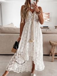 Women Lace Boho Style Long Dress Solid Color Deep Vneck Sleeveless Beachwear High Waist ALine Summer Wild Sling For Lady 240418