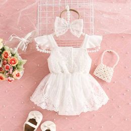 Rompers Baby Girls Summer Floral Lace Embroidery Dress Straps Sweet Triangle-Bottom Jumpsuit Headband For Newborn Clothes H240507
