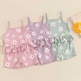 Clothing Sets Toddler Girl Clothes Summer Outfit Flower Print Cami Tops Sleeveless Tank Shorts Set Beachwear H240507