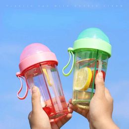 Cups Dishes Utensils 420/600ml Dual Beverage Bottle Cute Girl Student Outdoor Double Straw Cup Portable Plastic Water Bottle with HandleL2405