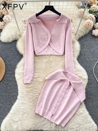 Women's Pants BabYoung Sexy Long Sleeved Sweater Coat Top Button Split Short Skirt 2-Piece Set Korean Fashion Autumn Winter 2024