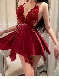 Casual Dresses Tiktok Butterfly Sleeveless Ice Silk Pajama Gown Sexy Set Hollow Out Beautiful Back Hanging Neck Pleasant Dress AVZB
