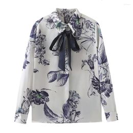 Women's Blouses 2024ZAR Spring/Summer Polo Collar Long Sleeved Bow Ribbon Shirt Printed Top