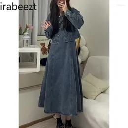 Work Dresses Women's Dress Sets Spliced Turndown Collar Jacket Waist Retraction Midlength Slip Sweet Cool Denim Two Piece Lady Clothing